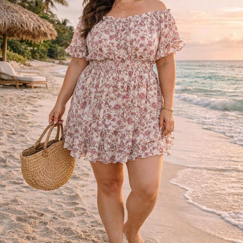 Jessica Simpson Milkmaid Cottagecore sz 2x Pink Floral‎ Mini Dress